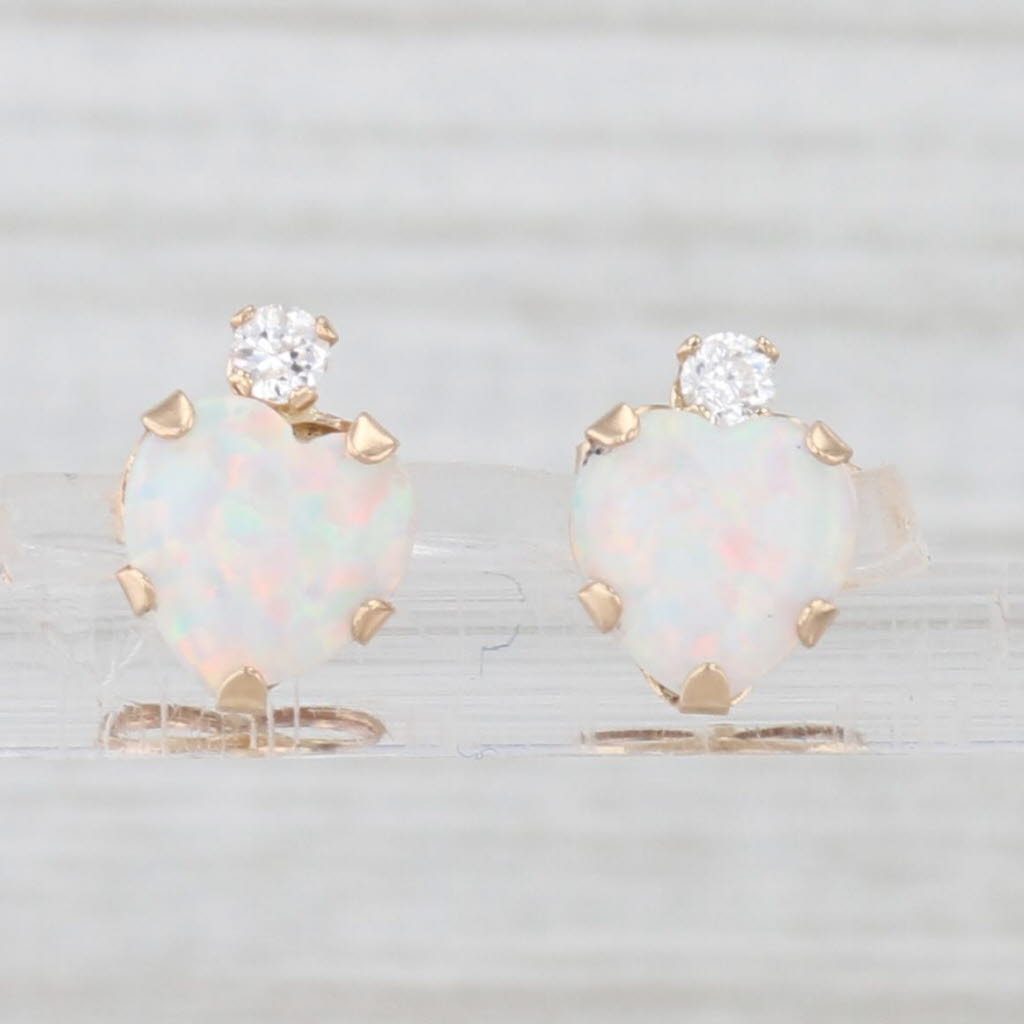 Light Gray Lab Created Opal Cubic Zirconia Heart Stud Earrings 10k Yellow Gold