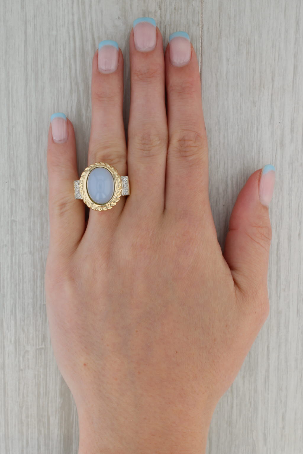 Rosy Brown Blue Chalcedony Diamond Ring 14k Yellow Gold Size 8.5 Oval Cabochon