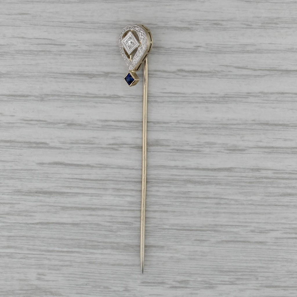 Antique 0.13ctw Diamond Lab Created Sapphire Stickpin 14k Gold Platinum