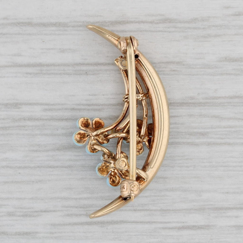 Gray Vintage Floral Crescent Brooch 14k Yellow Gold Enamel Pin