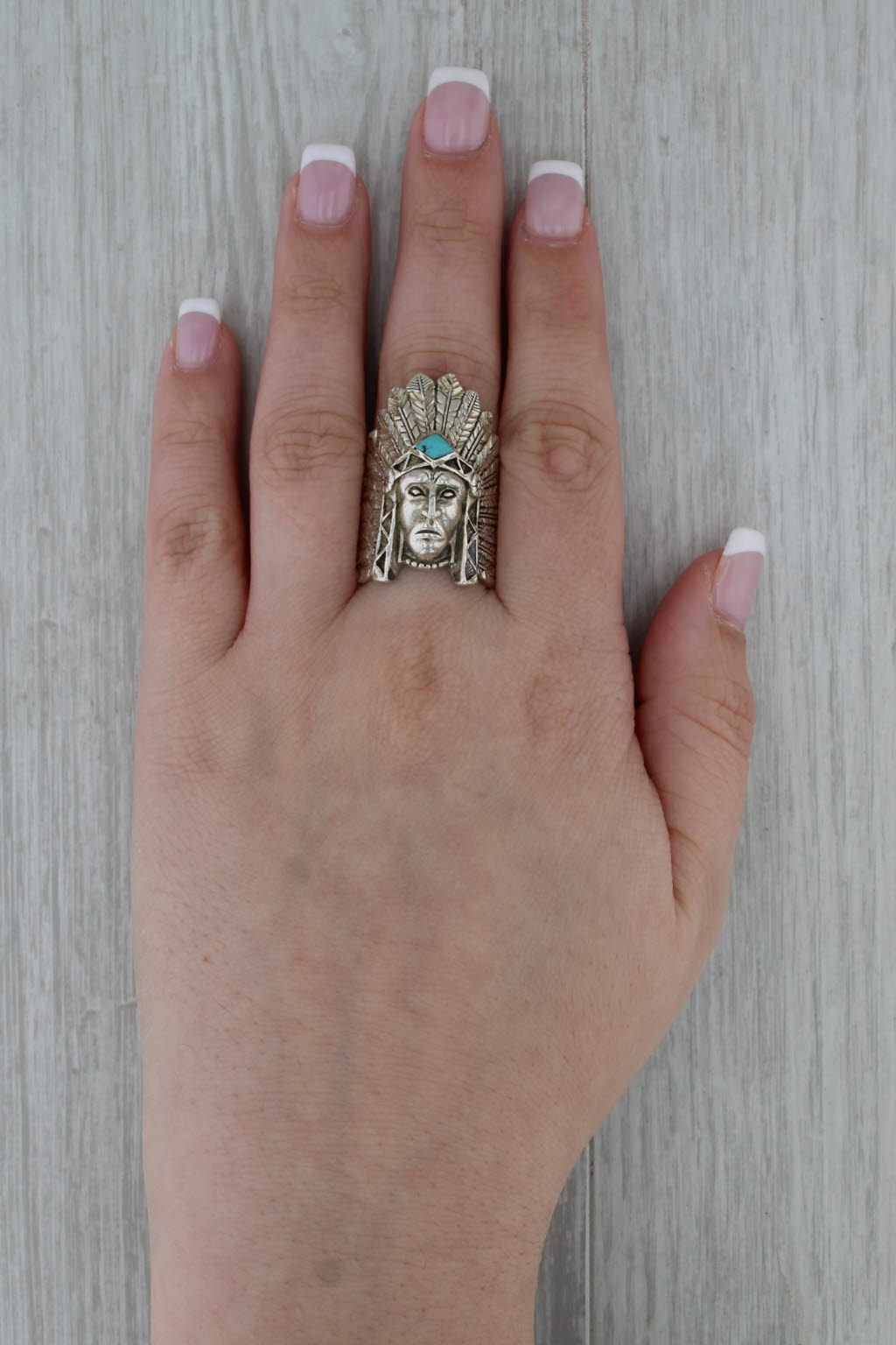 Vintage Native American Chief Turquoise Ring Sterling Silver Size 10 Signed