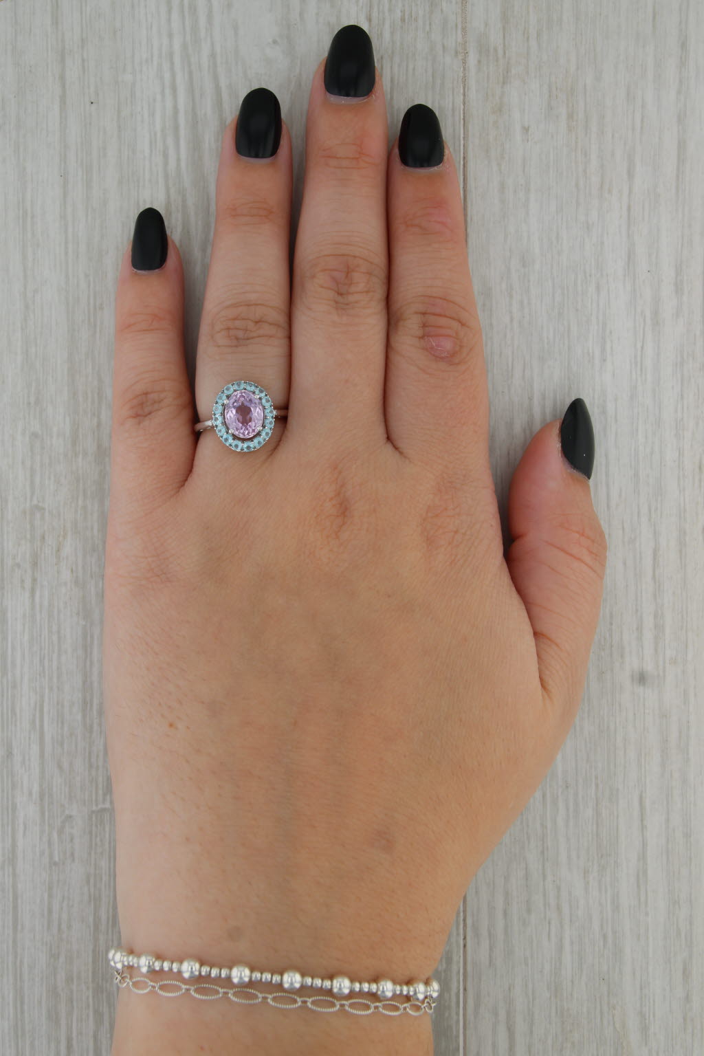 2.70ctw Oval Pink Kunzite Blue Apatite Halo Ring 14k White Gold Size 6.25