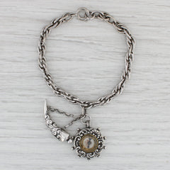 Vintage Compass Italian Horn Charm Bracelet Sterling Silver 7.25 Rope Chain
