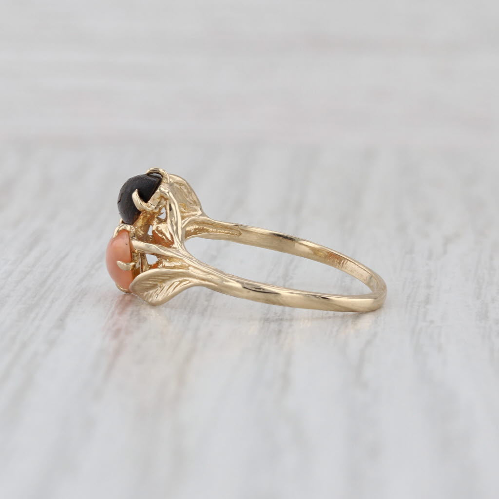 Pink & Black Coral Bypass Ring 14k Yellow Gold Size 7.5 Leaf Accents