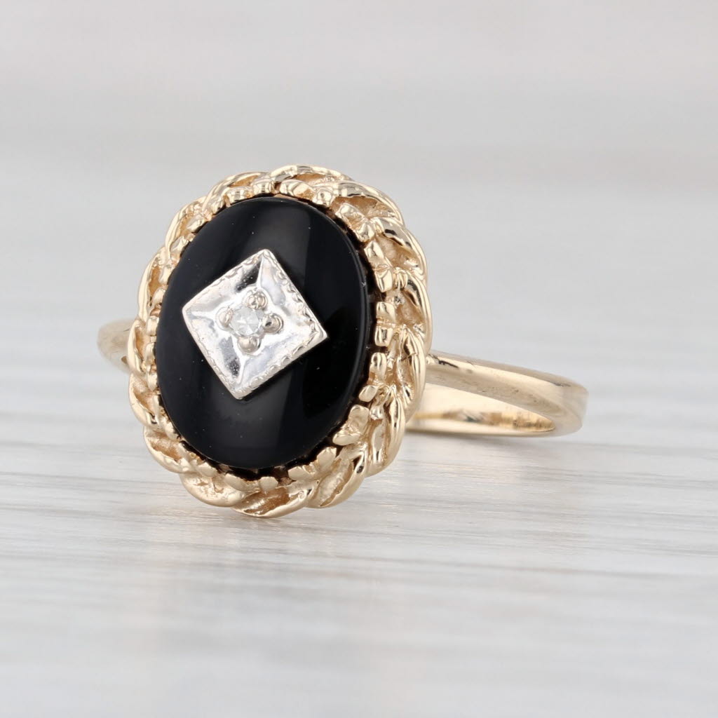 Vintage Onyx Diamond Signet Ring 10k Yellow Gold Size 5