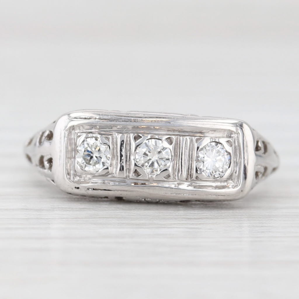 Light Gray Vintage 0.24ctw Diamond 3-Stone Ring 10k White Gold Size 7.5 Floral Filigree