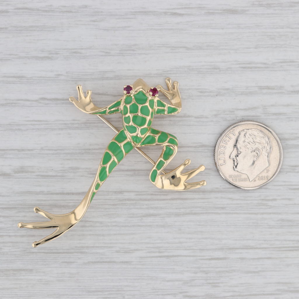 Gray Ruby Green Resin Frog Brooch 14k Yellow Gold Dankner Statement Pin