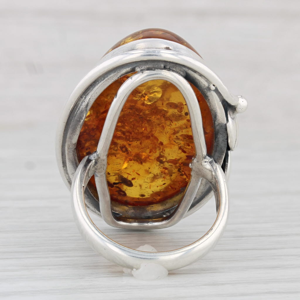 Light Gray Amber Oval Cabochon Statement Ring Sterling Silver Size 7 Handmade