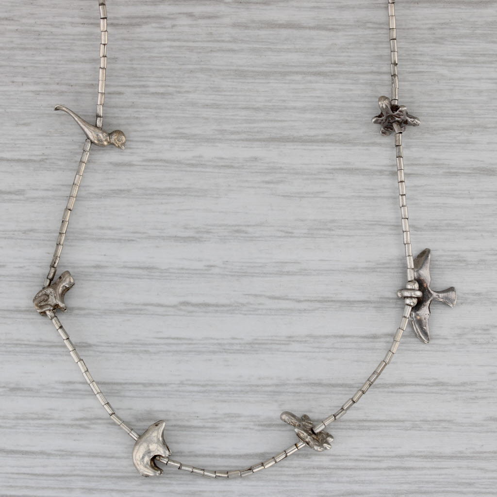 Gray Native American Liquid Silver Bear Turtle Bird Frog Station Necklace 28"
