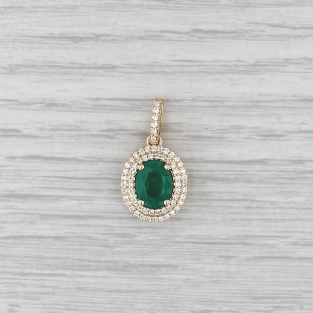 1.79ctw Oval Emerald Diamond Double Halo Pendant 14k Yellow Gold