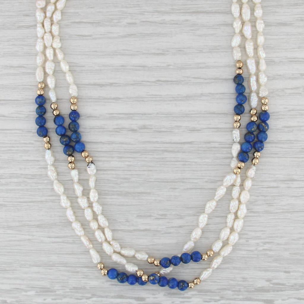 Pearl Lapis Lazuli 3-Strand Bead Necklace 14k Yellow Gold 18.25"