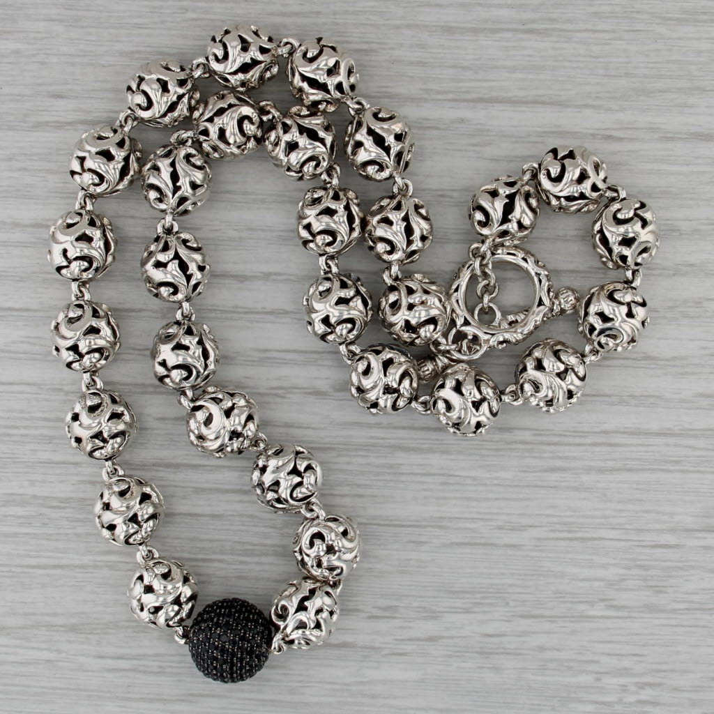 Krypell 2.94ctw Black Sapphire Ornate Openwork Bead Necklace Sterling Silver 18"