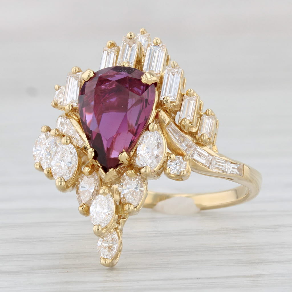 Light Gray 3.48ctw Pear Ruby Diamond Cluster Cocktail Ring 18k Yellow Gold Size 7.5 GIA