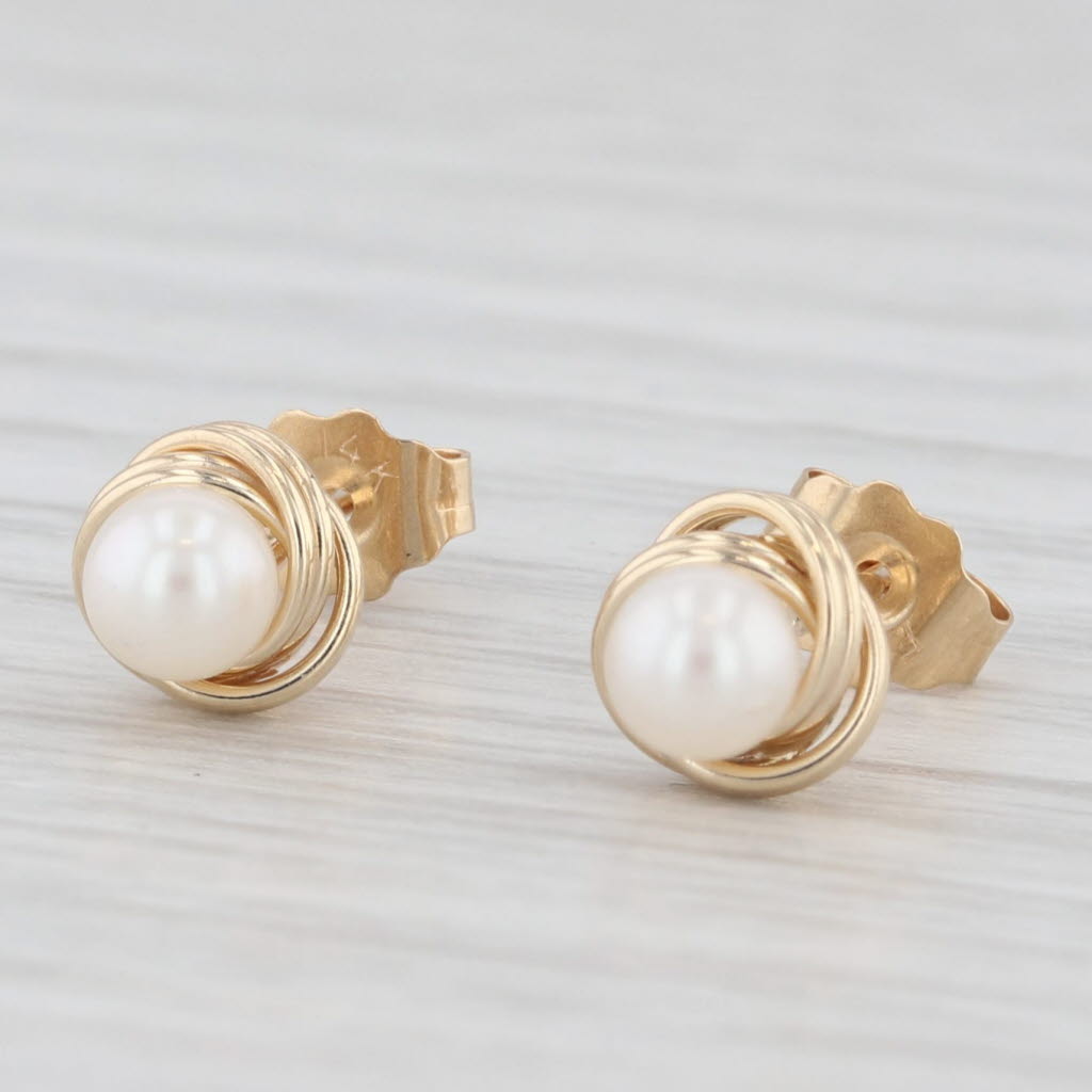 Light Gray Round White Cultured Pearl Knot Stud Earrings 14k Yellow Gold