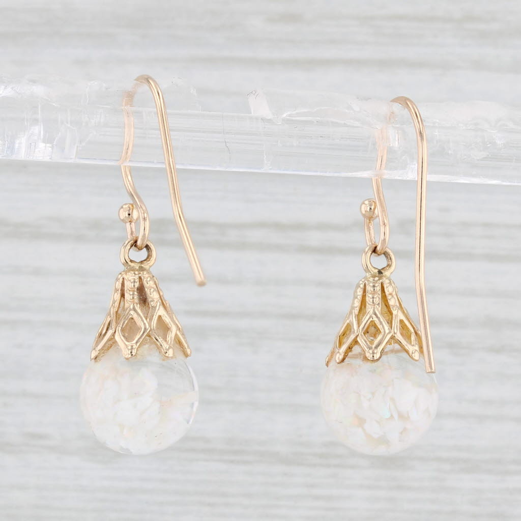 Light Gray Vintage Floating Opals in Glass Drop Earrings 14k Yellow Gold Hook Post Dangles