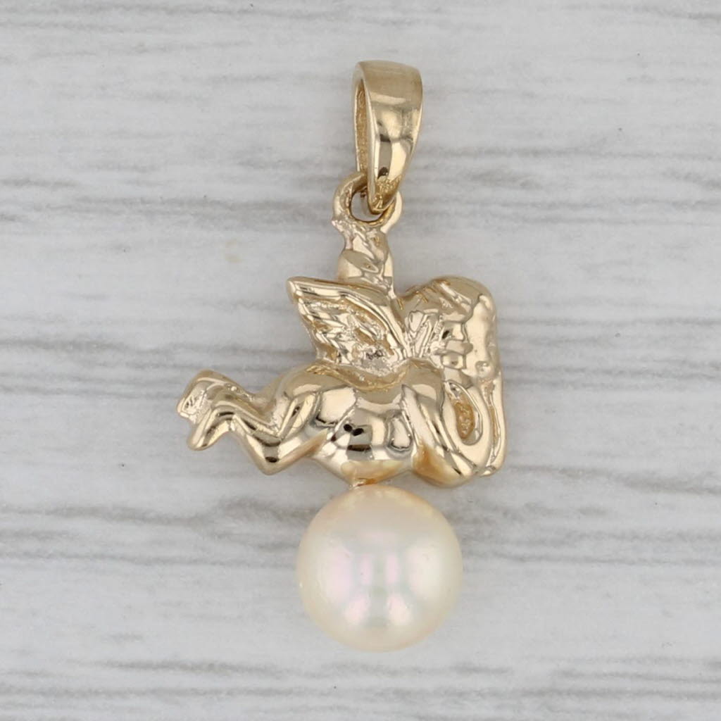 Gray Cherub Cultured Pearl Pendant 14k Yellow Gold Guardian Angel