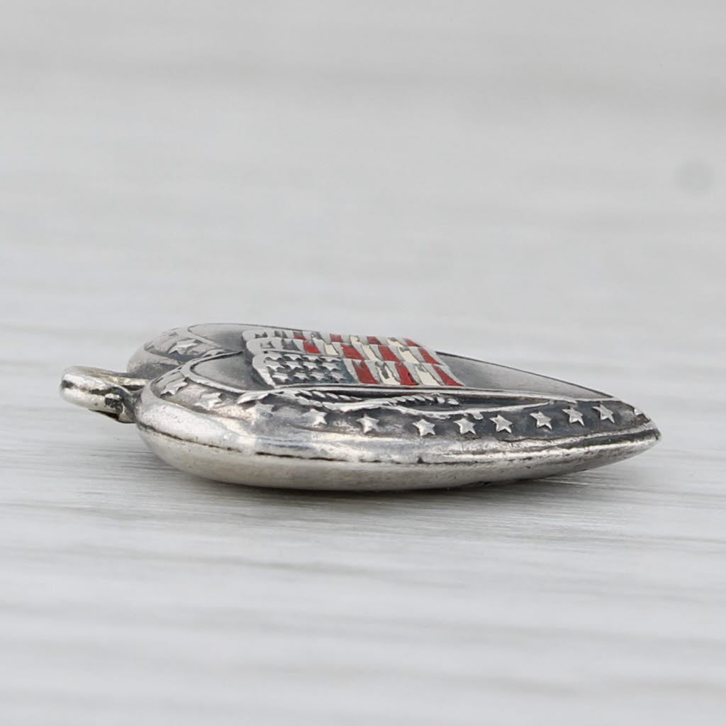 Light Gray American Flag Puffy Heart Charm Sterling Silver Vintage Engraved Keepsake