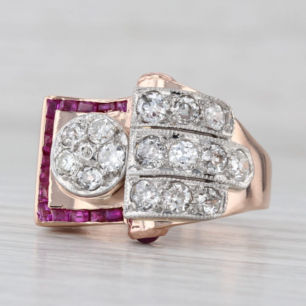 Retro 1.40ctw Diamond Ruby Ring 14k Rose Gold Palladium Cocktail Size 8
