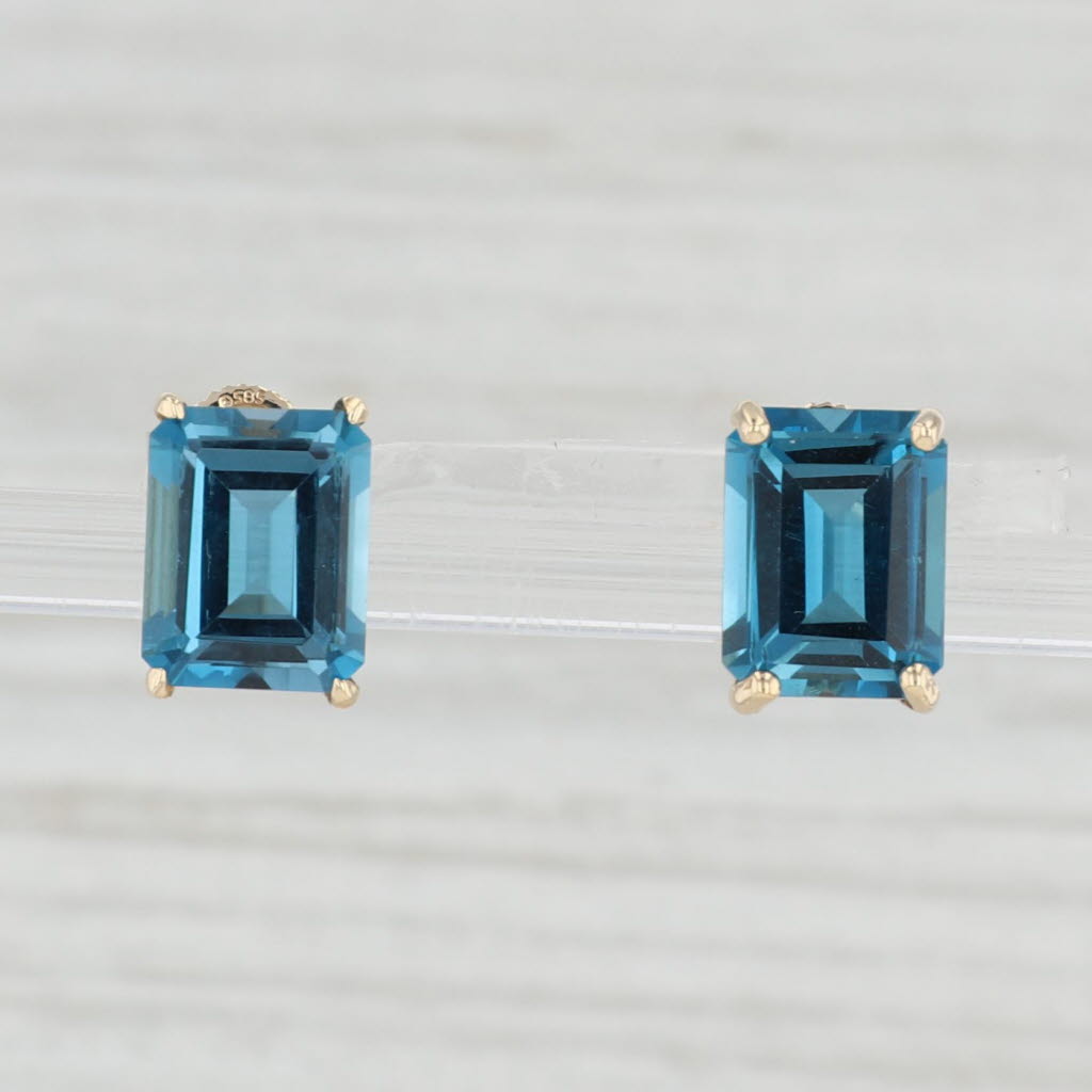 Light Gray 6ctw London Blue Topaz Stud Earrings 14k Yellow Gold Emerald Cut Solitaire Studs