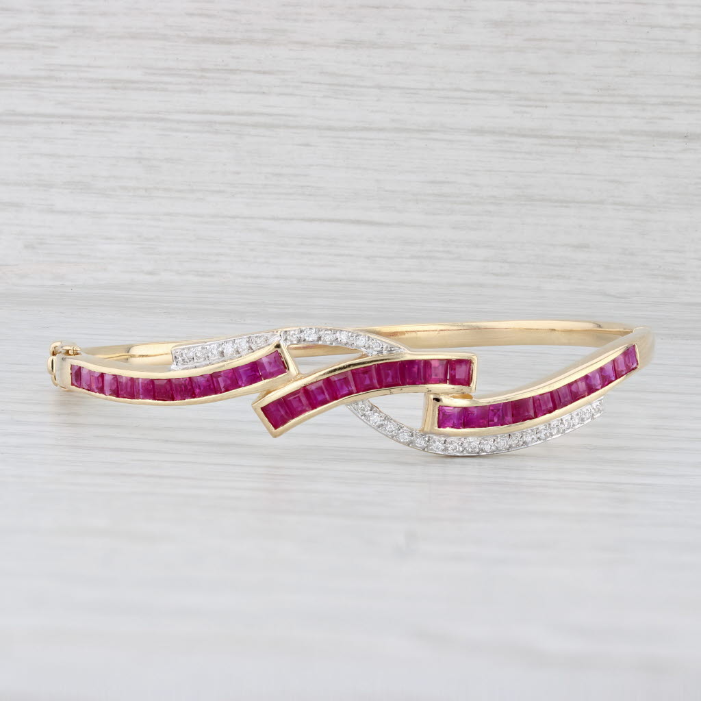 Light Gray 2.90ctw Ruby Diamond Bypass Bangle Bracelet 18k Yellow Gold 6.75"