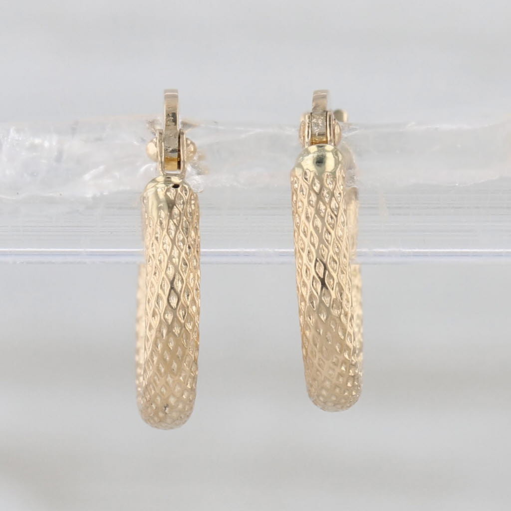 Crosshatch Pattern Small Hoop Earrings 18k Yellow Gold Snap Top Huggie Hoops