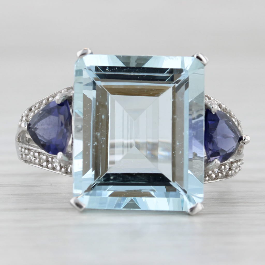 Light Gray 9.22ctw Aquamarine Iolite Cocktail Ring 14k White Gold Size 8