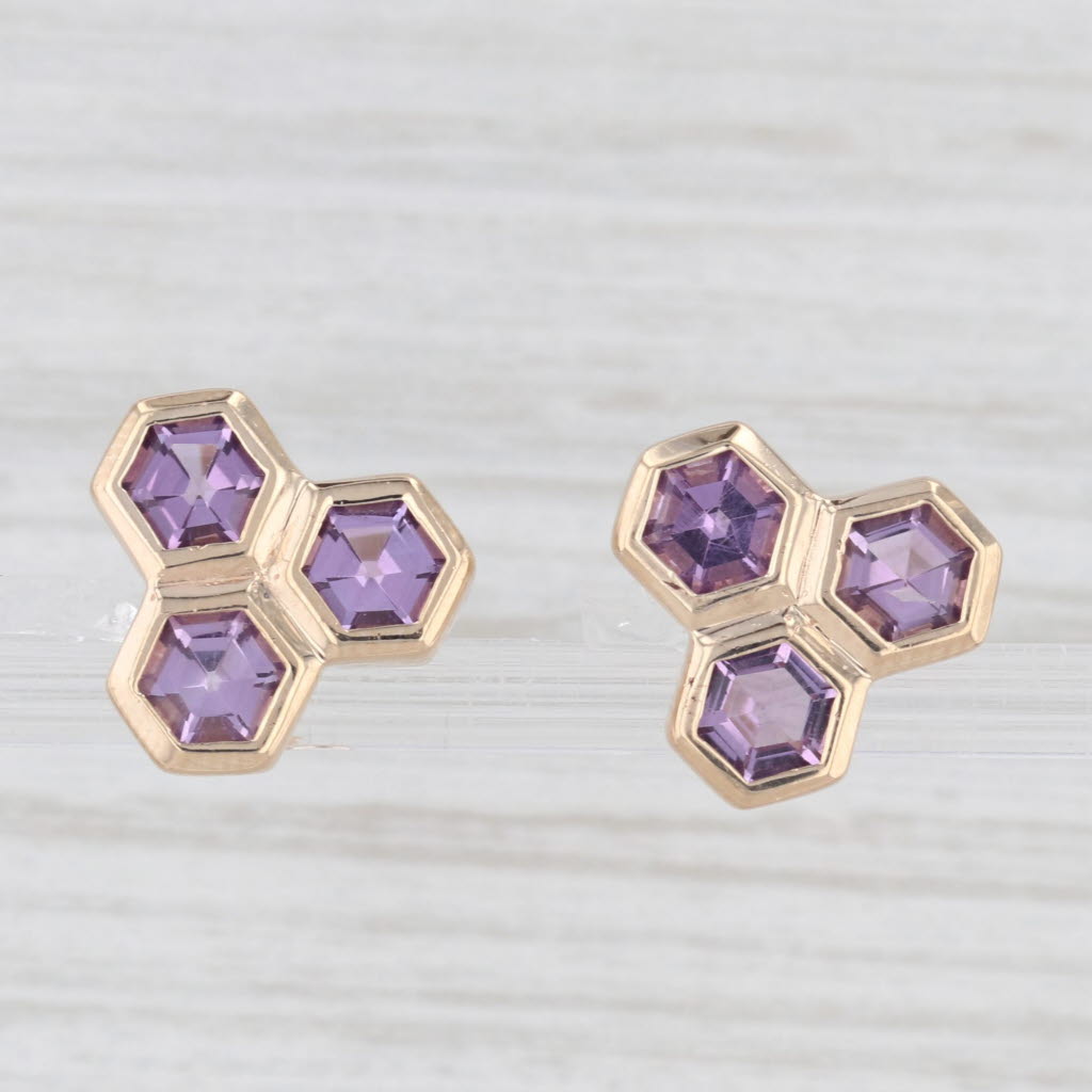 Light Gray New Amethyst Hexagon Cluster Stud Earrings 14k Yellow Gold