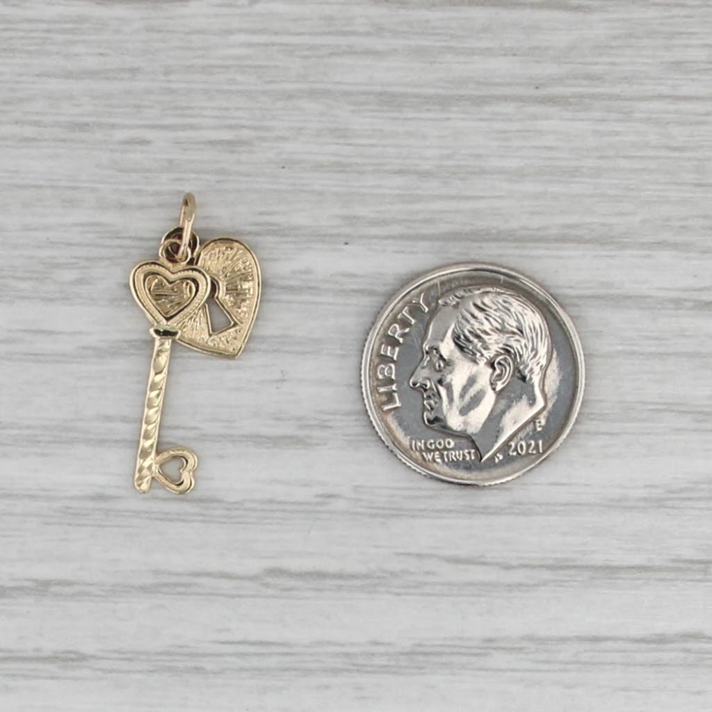 Heart Lock Skeleton Key Charm 14k Yellow Gold Pendant