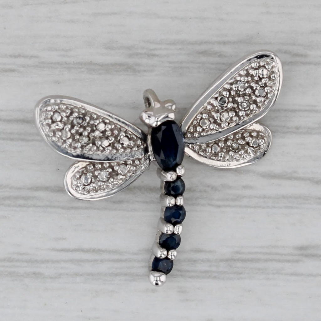 Gray 0.36ctw Blue Sapphire Diamond Dragonfly Pendant 14k White Gold