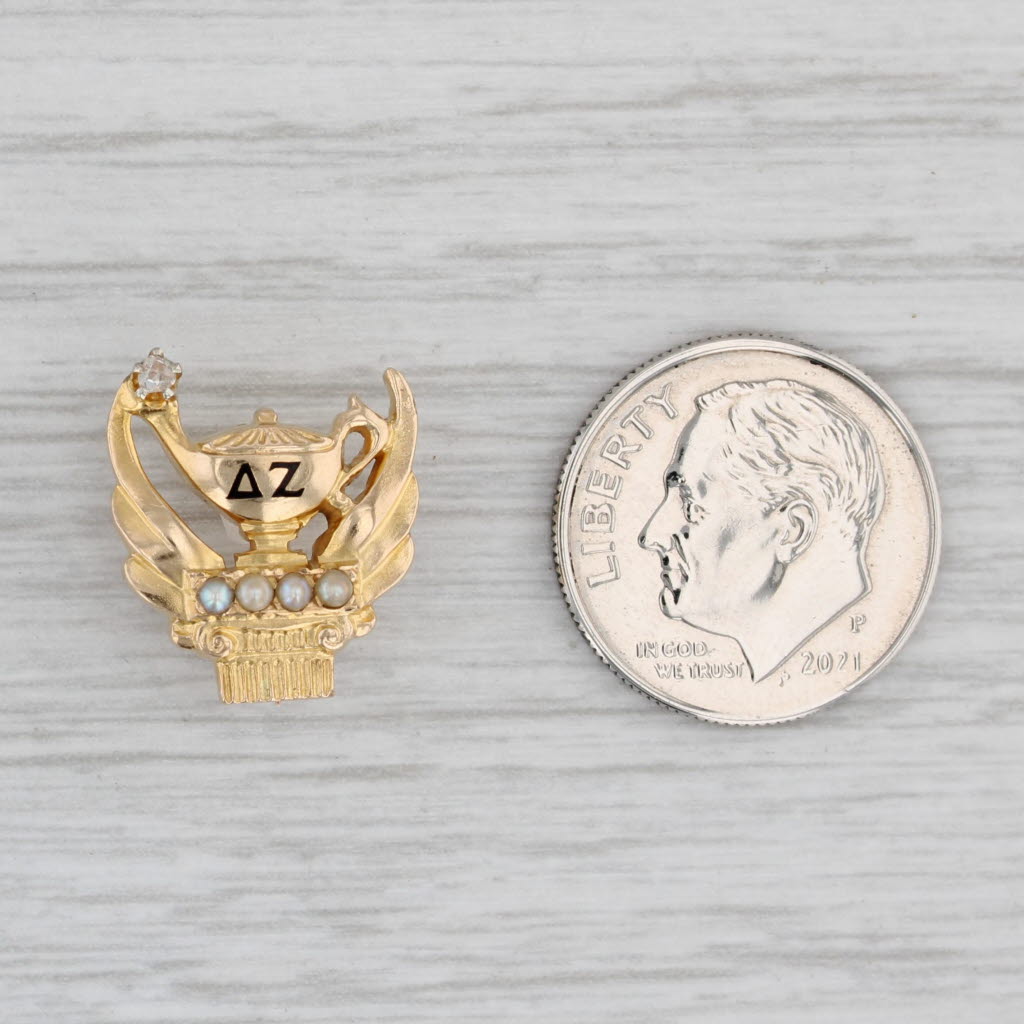 Delta Zeta Lamp Badge 14k Gold Diamond Pearl Sorority Vintage Pin