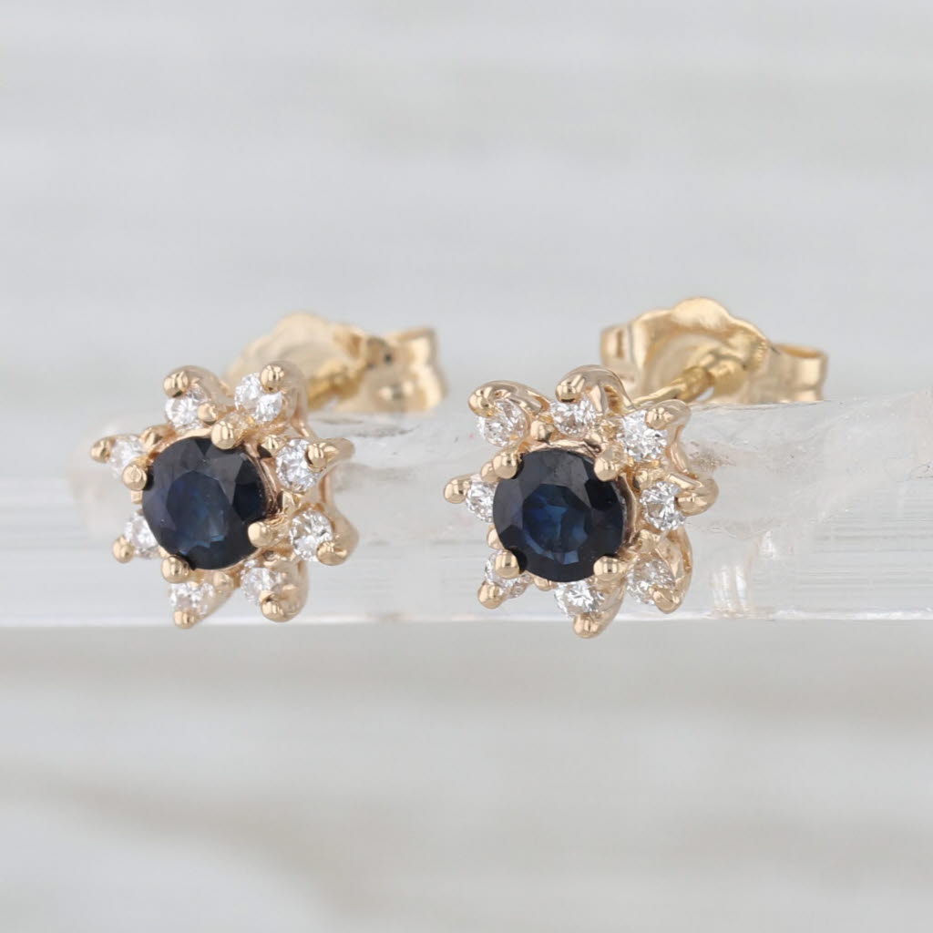 0.65ctw Blue Sapphire Diamond Halo Flower Stud Earrings 14k Gold Small Studs