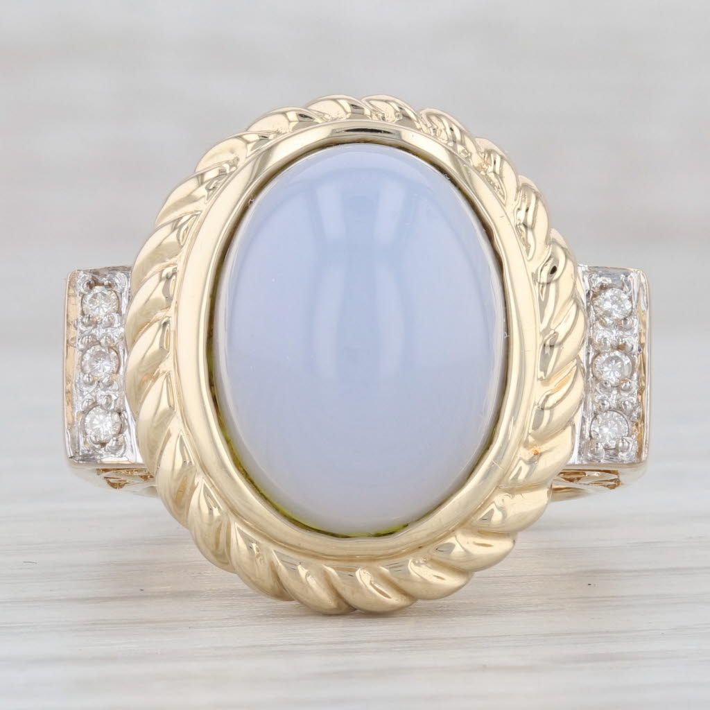 Light Gray Blue Chalcedony Diamond Ring 14k Yellow Gold Size 8.5 Oval Cabochon