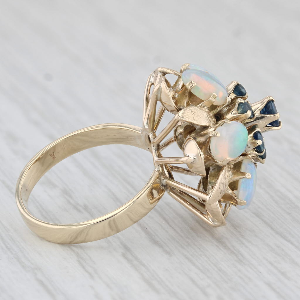 Light Gray Vintage Opal Blue Sapphire Cluster Ring 14k Yellow Gold Size 5.75 Cocktail