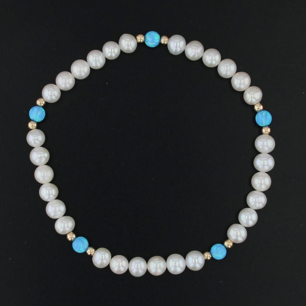 Cultured Pearl Lab Created Opal Bead Bracelet 14k Yellow Gold 7" Stretchy Band