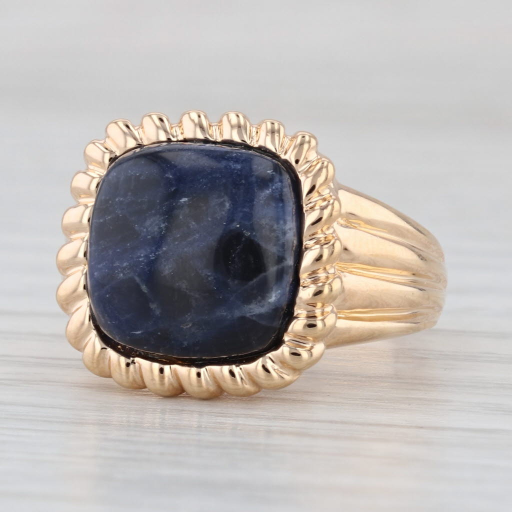 Blue Sodalite Cabochon Solitaire Ring Gold Plated Sterling Silver Size 6.75