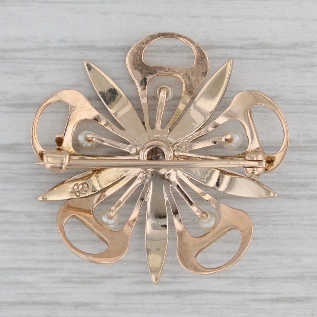 Gray Vintage Pearl Old Mine Cut Diamond Flower Brooch 10k Yellow Gold Pin