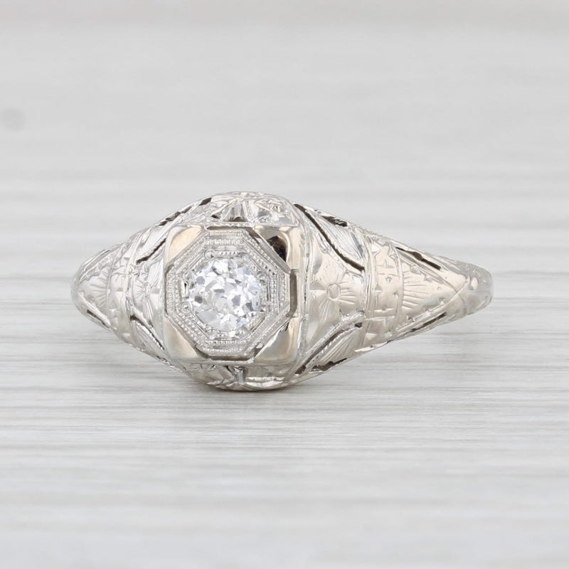 Light Gray Art Deco 0.15ct Diamond Solitaire Engagement Ring 18k White Gold Filigree Size 6