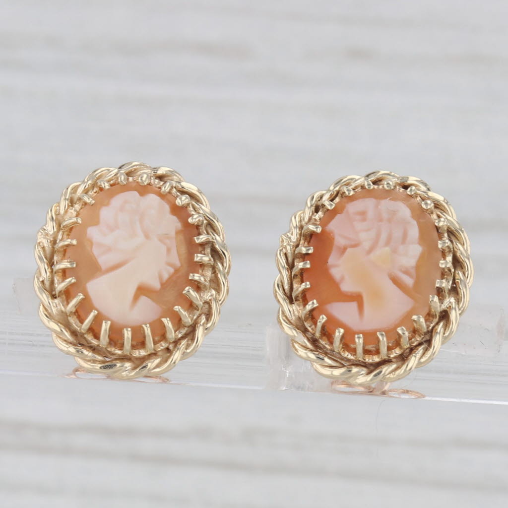 Light Gray Vintage Carved Shell Cameo Stud Earrings 14k Yellow Gold