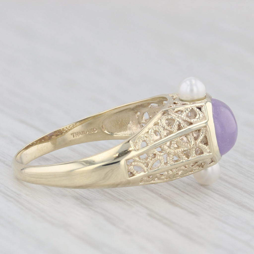 Light Gray Amethyst Cabochon Cultured Pearls Ring 14k Yellow Gold Filigree Size 9