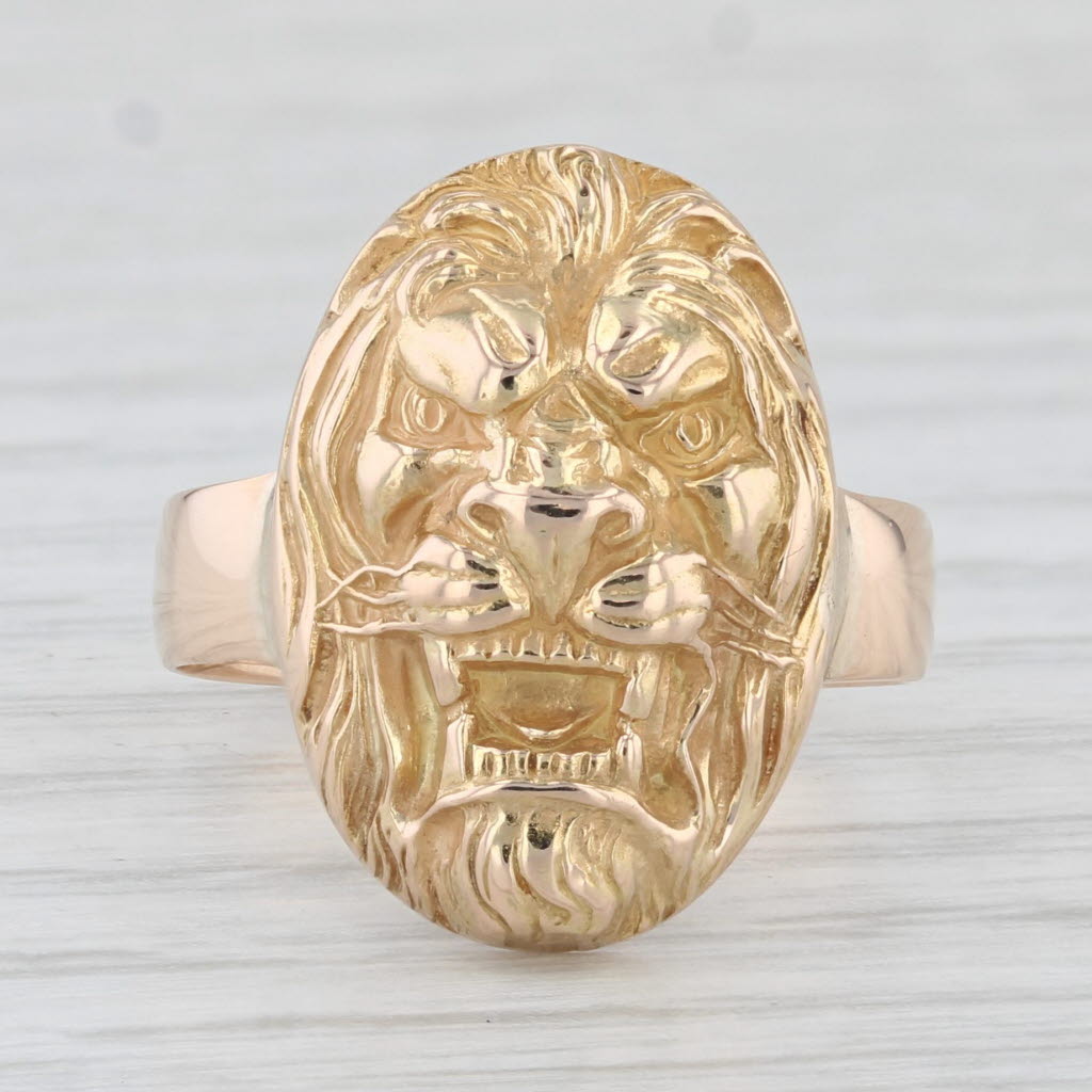 Light Gray Lions Head Signet Ring 10k 18k Yellow Gold Size 6.5 Antique Stickpin Conversion