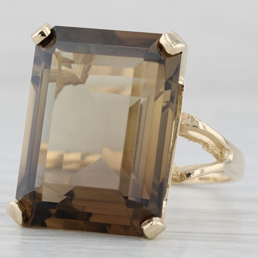 Gray 19ct Smoky Quartz Emerald Cut Solitaire Ring 14k Yellow Gold Size 7.5