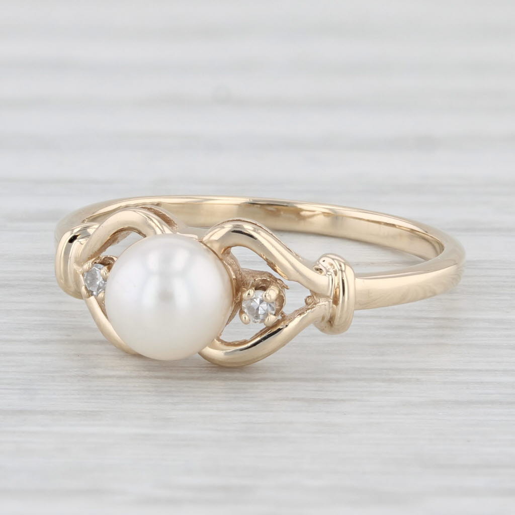 Light Gray Cultured Pearl Diamond Hearts Ring 10k Yellow Gold Size 5.75