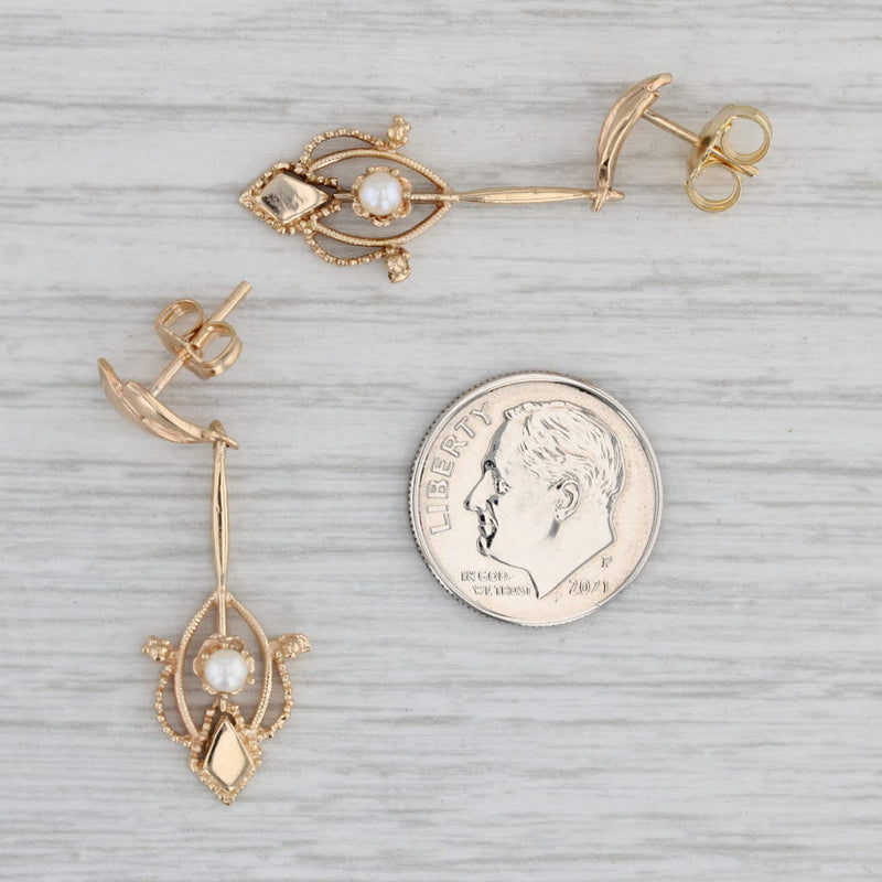 Gray Vintage Cultured Pearl Dangle Earrings 14k Yellow Gold Pierced Drops
