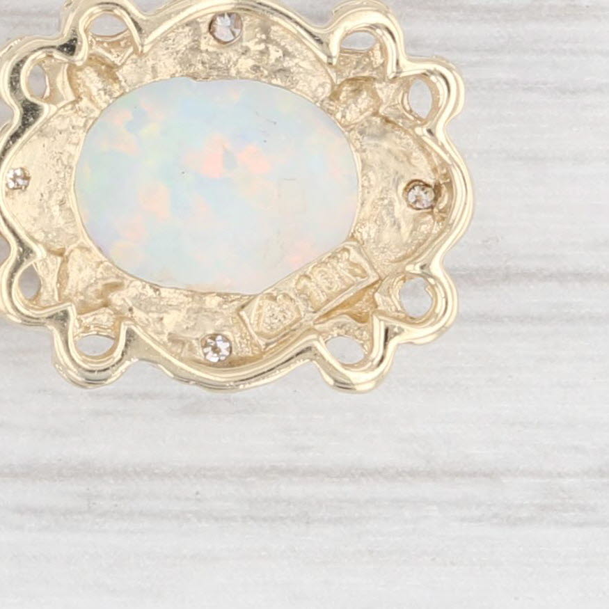 Light Gray Lab Created Opal Diamond Drop Pendant 10k Yellow Gold Oval Cabochon