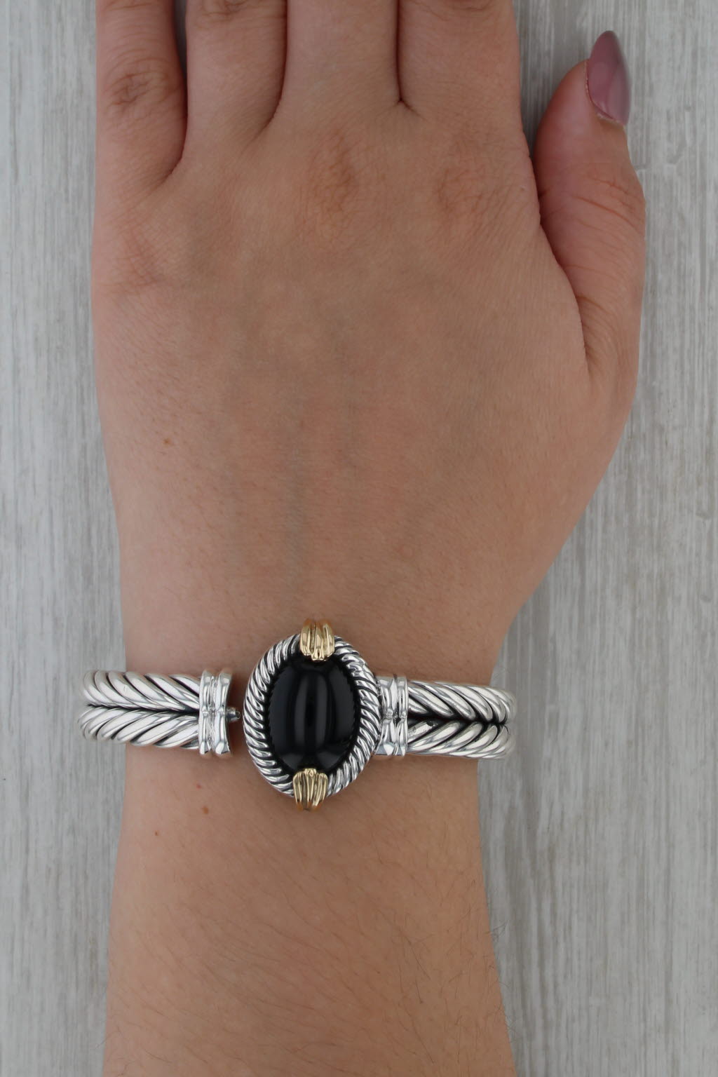 Flli Menegatti Italy Onyx Bangle Bracelet Sterling Silver 18k Gold 6.5"