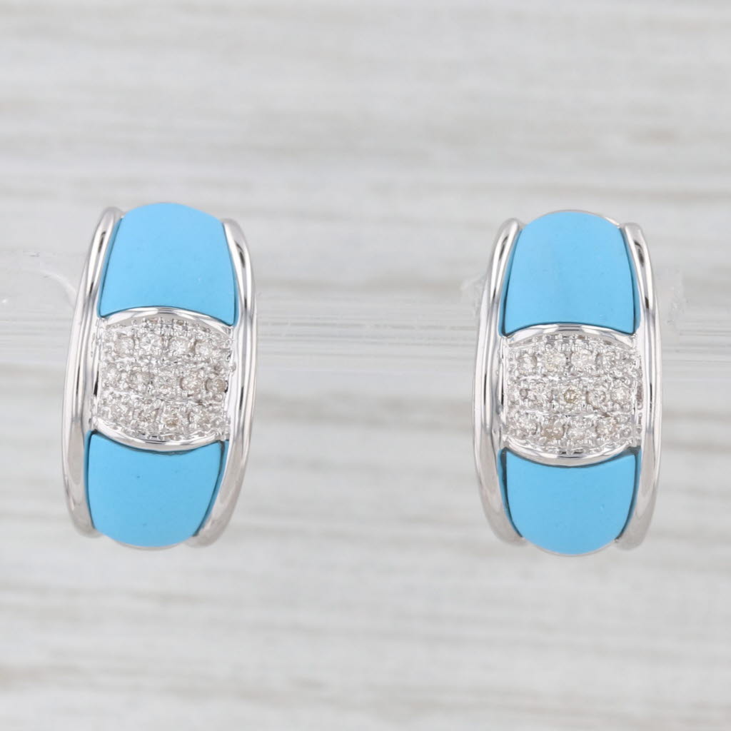 Light Gray Lab Created Turquoise 0.15ctw Diamond Drop Earrings 14k White Gold Omega Backs