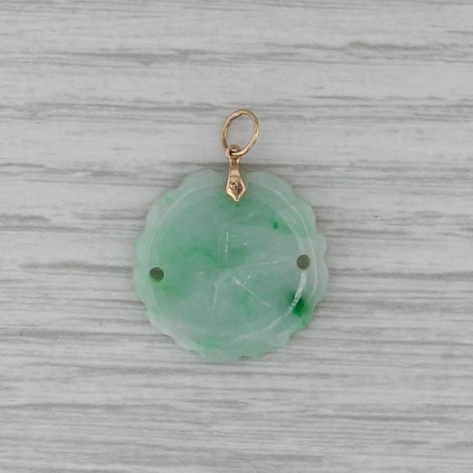 Vintage Green Jadeite Jade Character Carved Disc Pendant 14k Yellow Gold