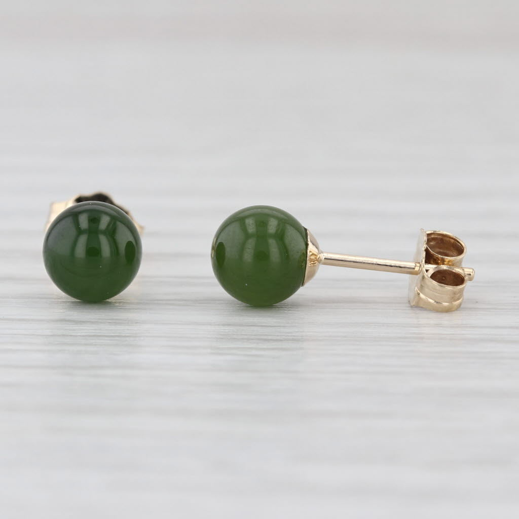 Green Nephrite Jade Round Bead Stud Earrings 14k Yellow Gold Studs