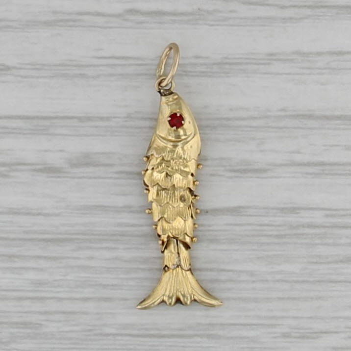 Articulating Fish Pendant 14k Yellow Gold Charm Red Glass Eye