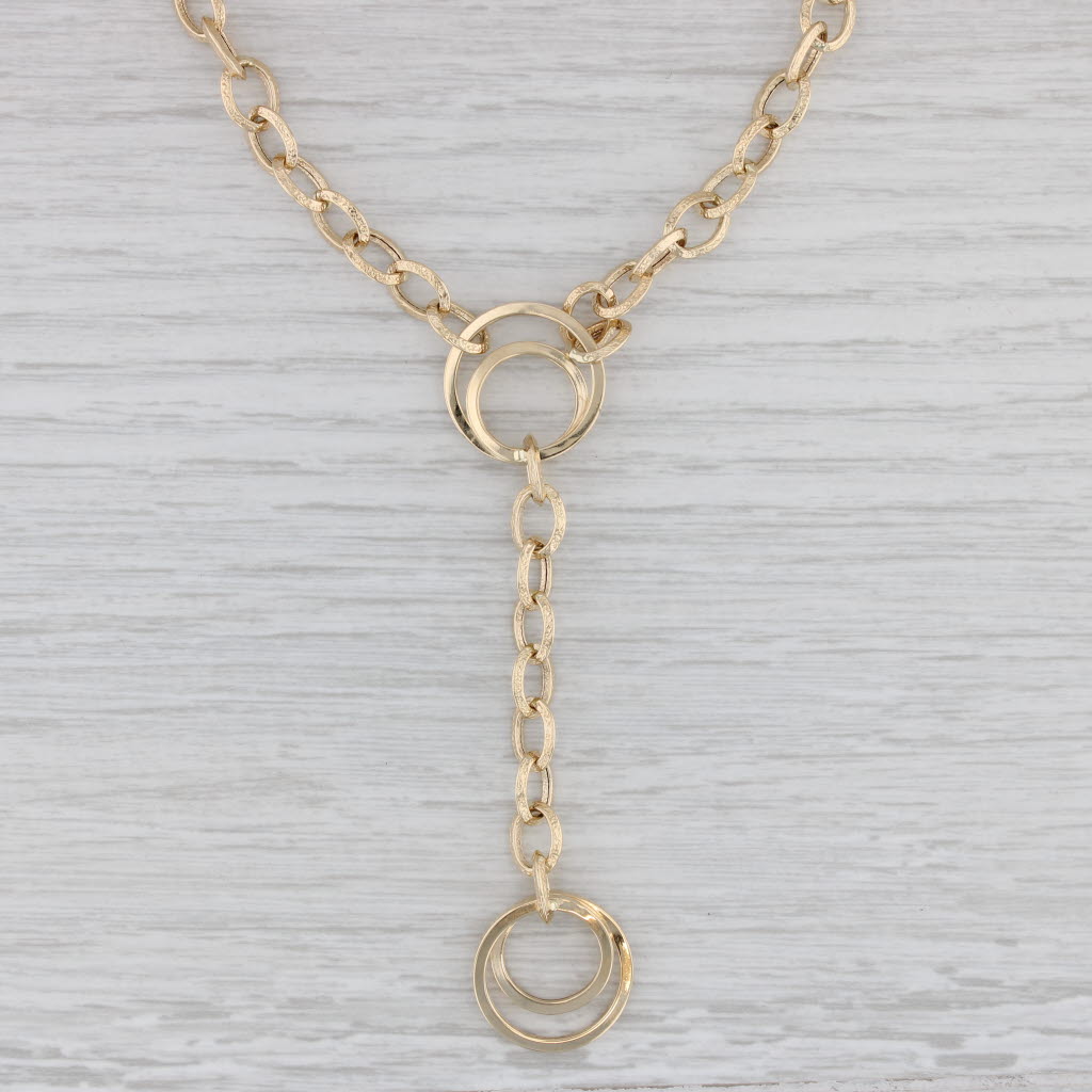 Gray Linked Circles Lariat Pendant Necklace 14k Yellow Gold 17" Cable Chain Statement